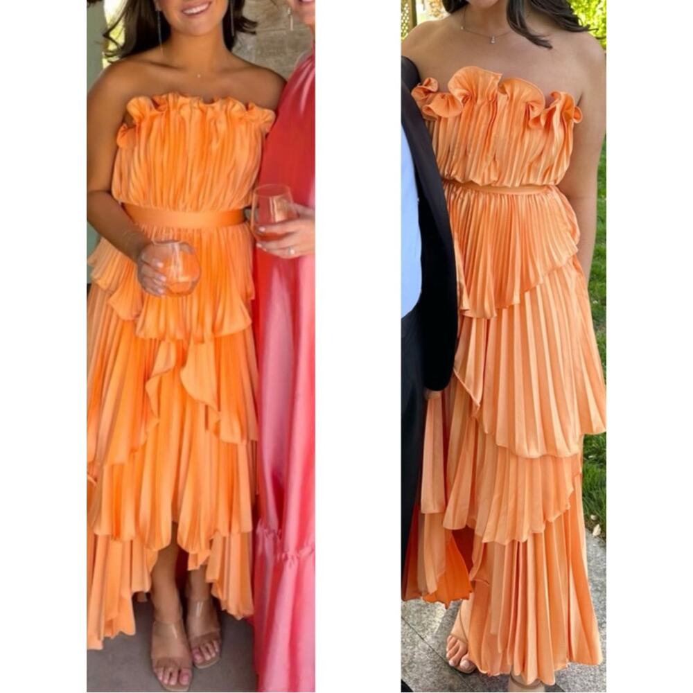 AMUR Janey Strapless Tiered Ruffle Orange Maxi Dress Size 4 - Picture 3 of 10